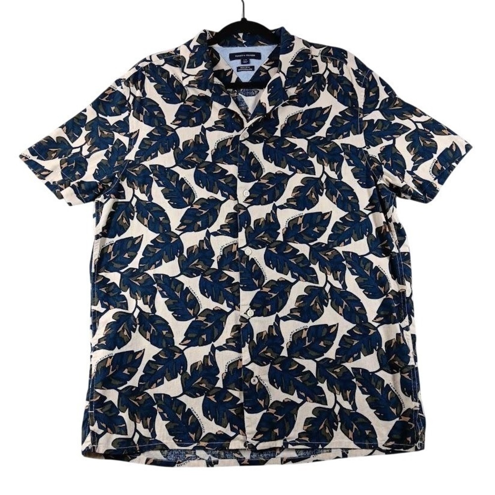 Tommy Hilfiger Shirt Mens Large Blue Leaf Print Linen Cotton Hawaiian‎ Button Up